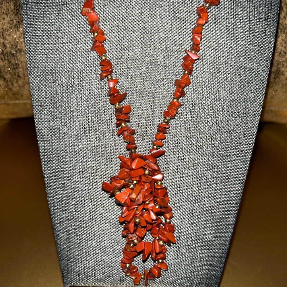 Red Jasper Stone and Gold Tone Beaded Necklace